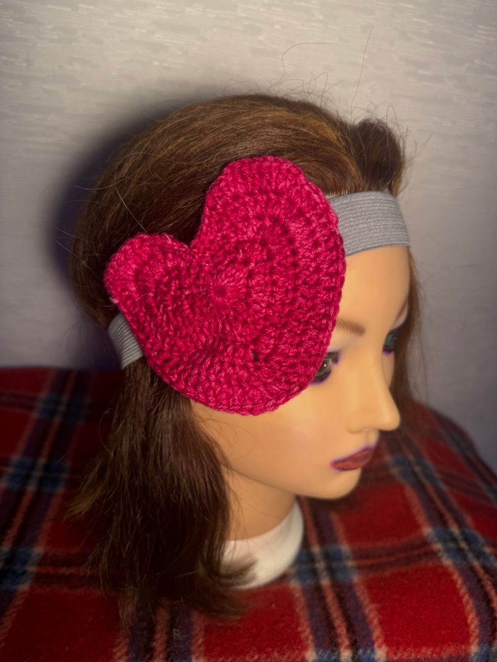 Gray Elastic Headband with Pink Crocheted Heart