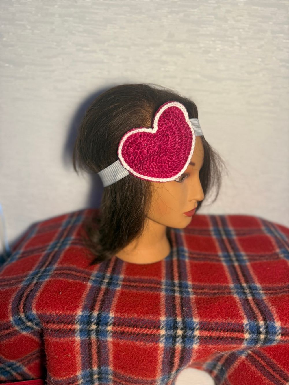 Gray Elastic Headband with Pink Crocheted Heart with White Trim