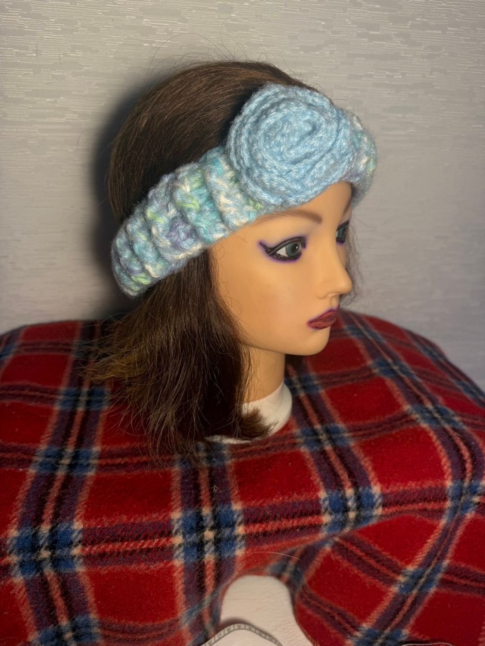 Soft Multicolored Headband with Blue Flower