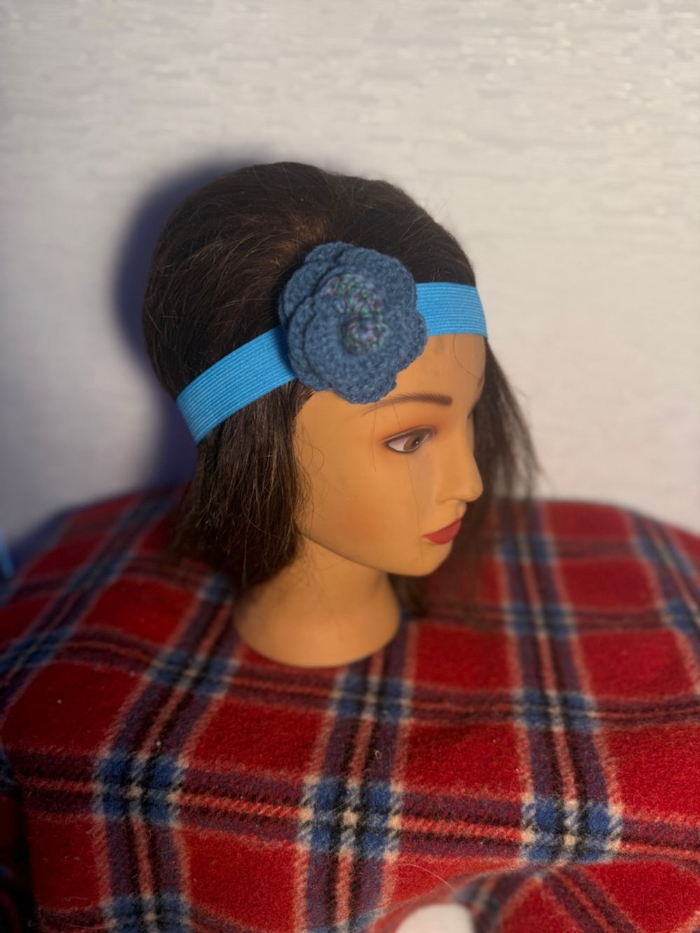 Blue Elastic Headband with Crocheted Teal Flower