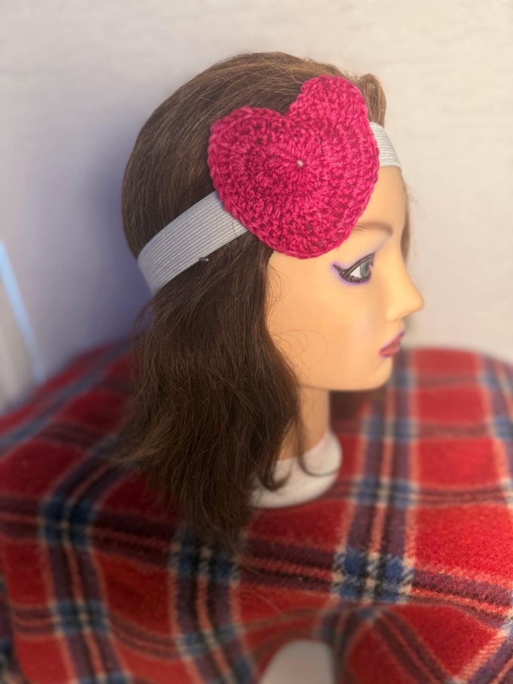 Light Gray Elastic Headband with Pink Crocheted Heart